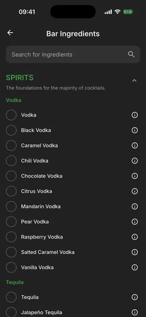 Bar Ingredients screen in Cocktail Hobbyist's dark mode, with vodkas and tequilas listed under Spirits, each with a tick box