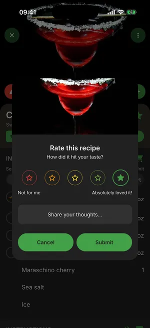 Rate this recipe dialog in Cocktail Hobbyist's redesigned dark mode: a five-star scale from Not for me to Absolutely loved it, plus a field to share your thoughts