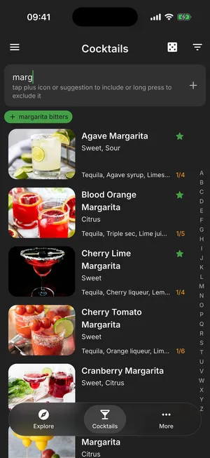 Cocktail search in Cocktail Hobbyist's dark mode filtered to margaritas, with a suggested ingredient chip above the results
